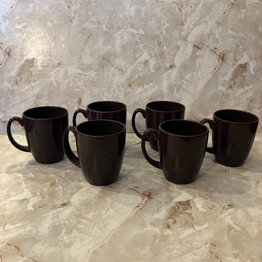 Corelle Stoneware Coffee Mugs Set of 6 Chocolate Brown Glossy 12oz Tea Cups